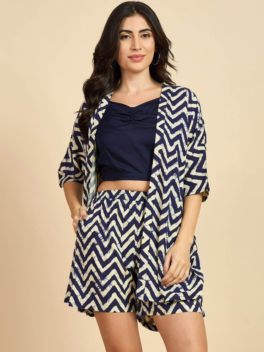 AZIRA Abstract Printed Shoulder Straps Top, Coat With Trousers - view 1