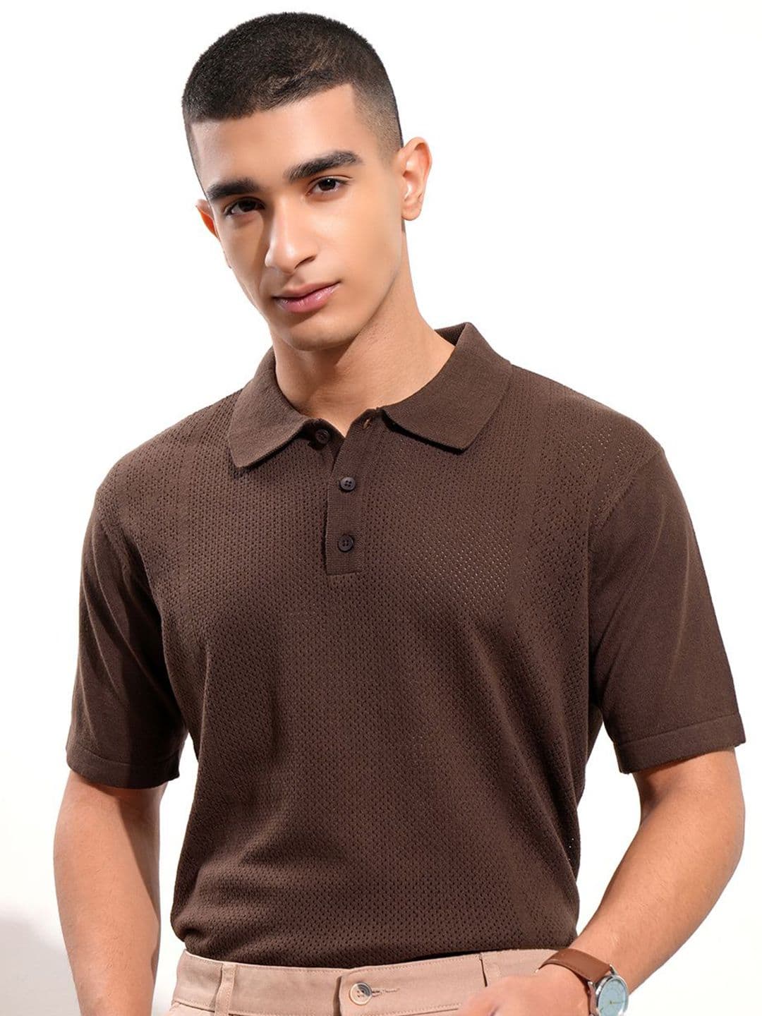 HIGHLANDER Men Relaxed Fit Short Sleeve Half Placket Polo Collar Cotton T-shirt - view 1