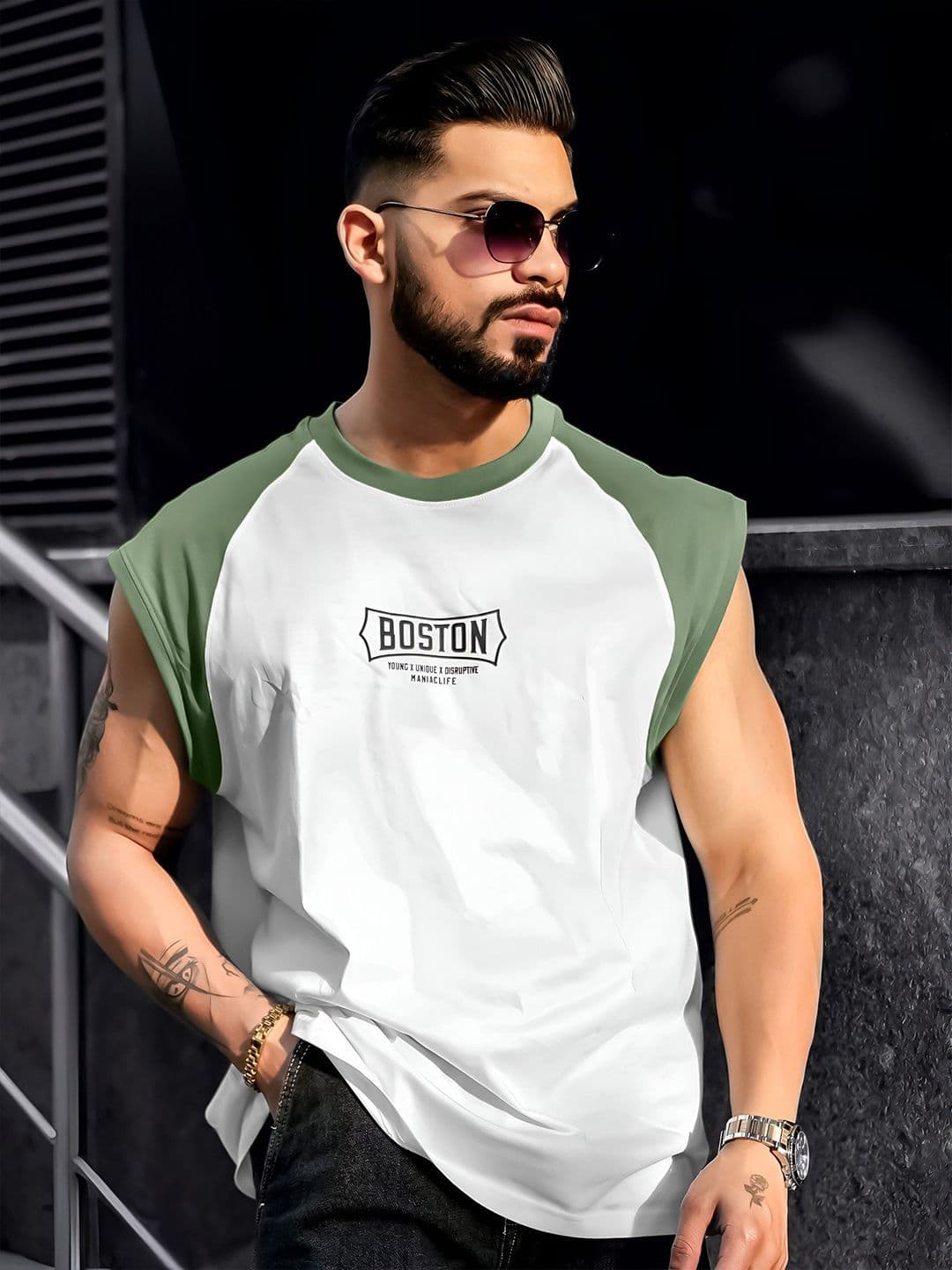 Maniac Printed Round Neck Raglan Sleeveless Cotton T-Shirt - view 1