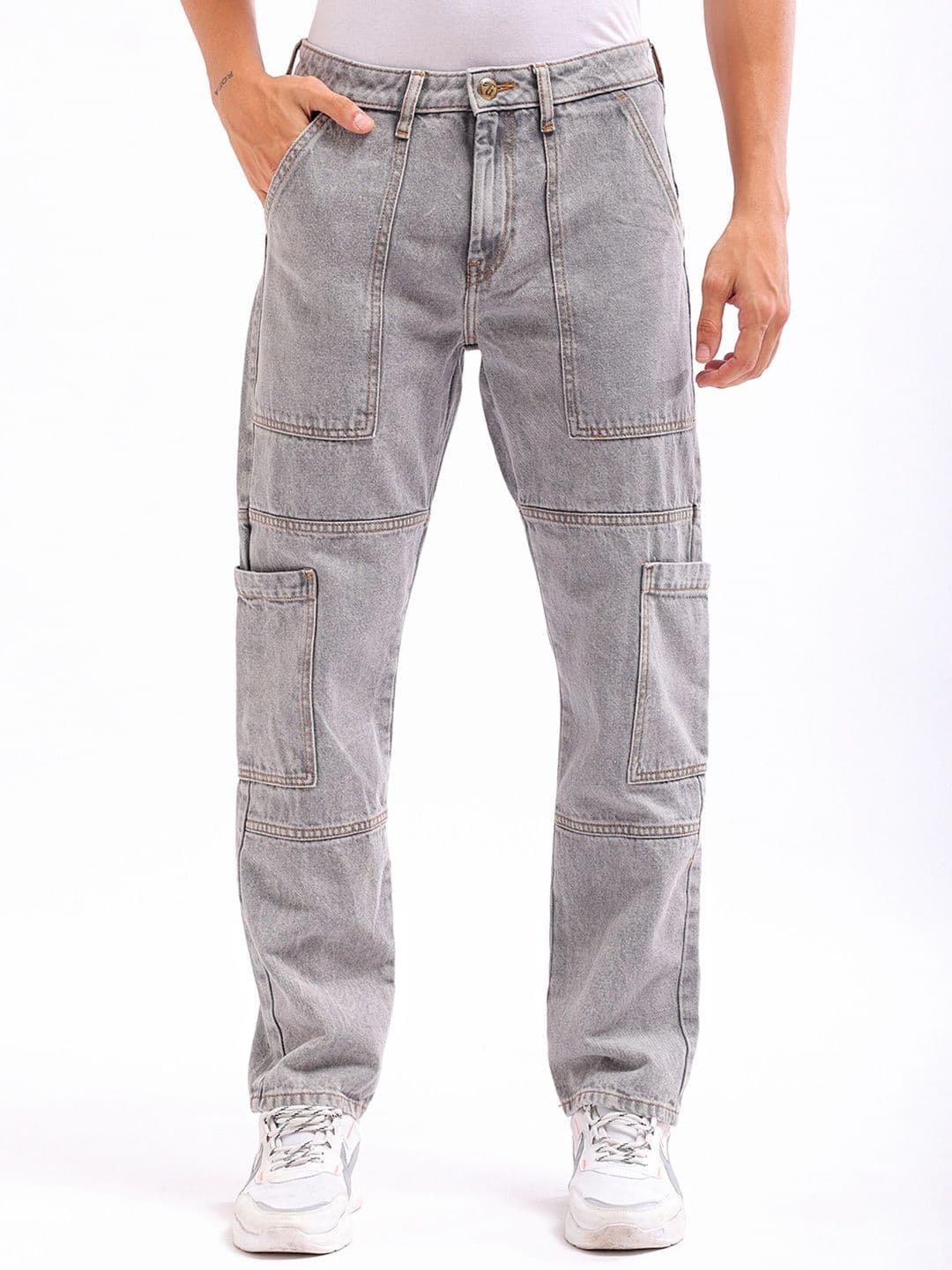 The Indian Garage Co Men Dad Fit Mid-Rise Clean Look Heavy Fade Cargo Style Cotton Jeans - view 1