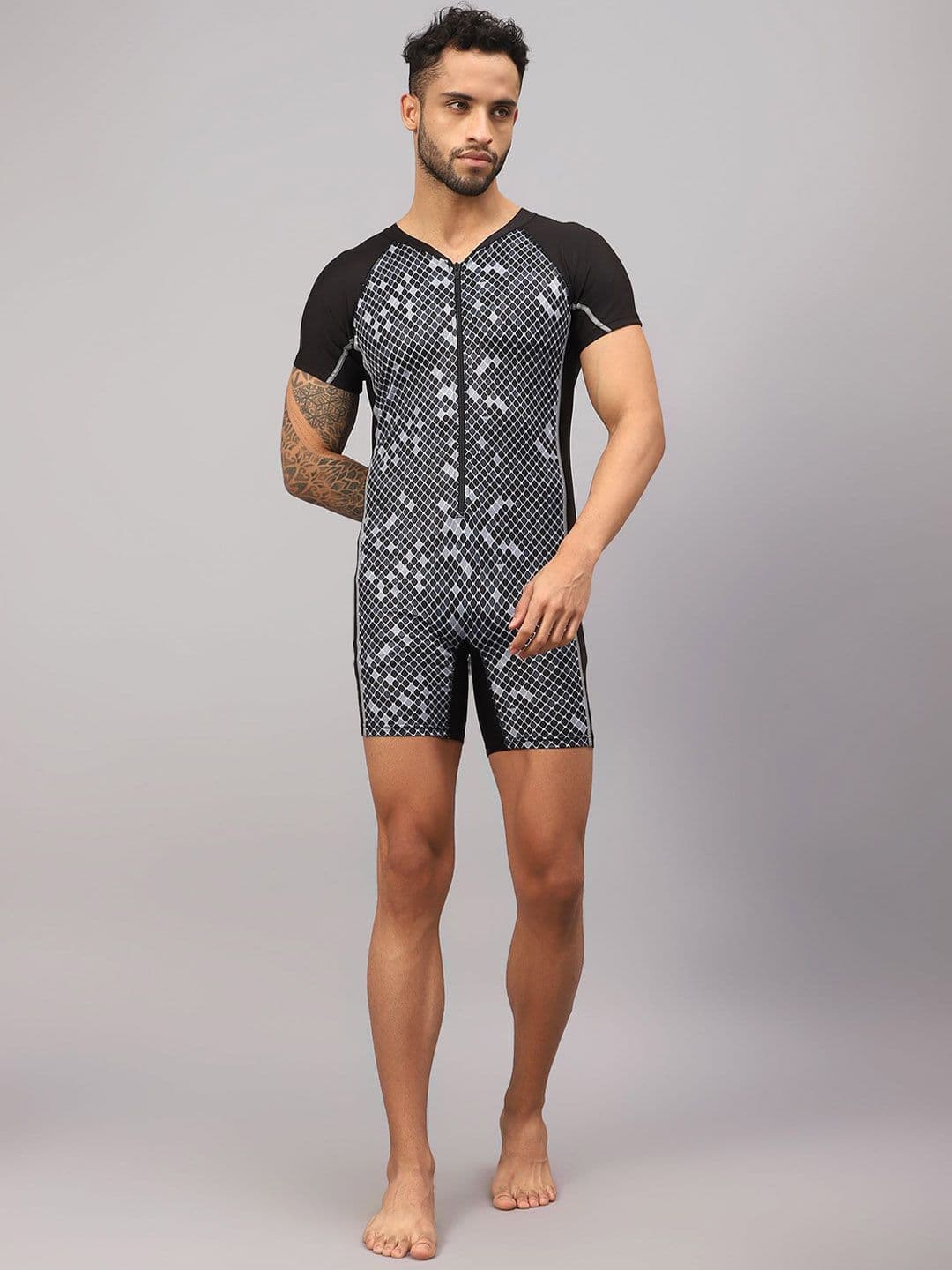 VECTOR X Men Abstract Printed V-Neck Bodysuit Swimwear - view 1