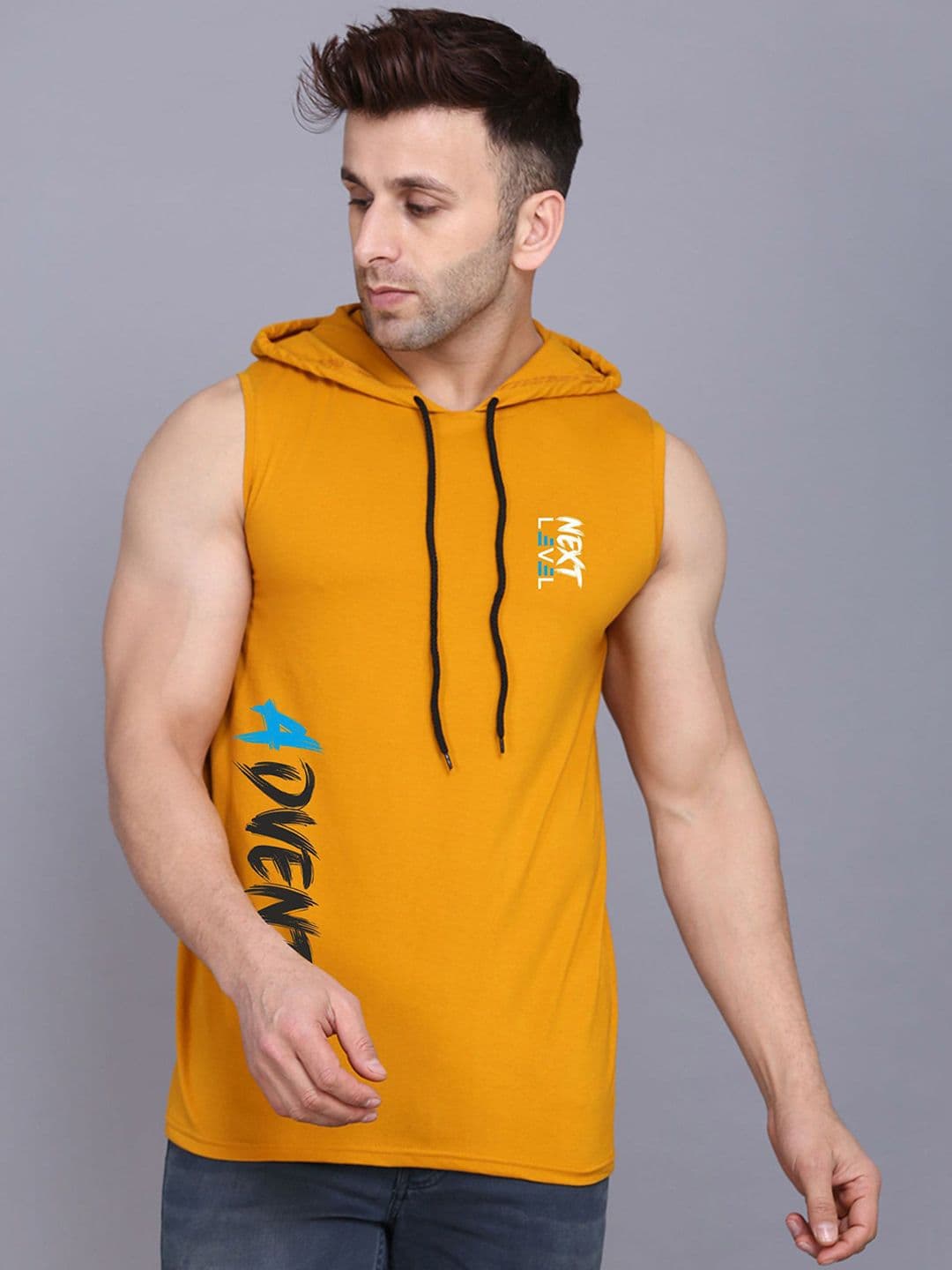 SLOWLORIS Typography Printed Hooded Combed Cotton Gym Vest SL28 ADV MUSTARD - view 1