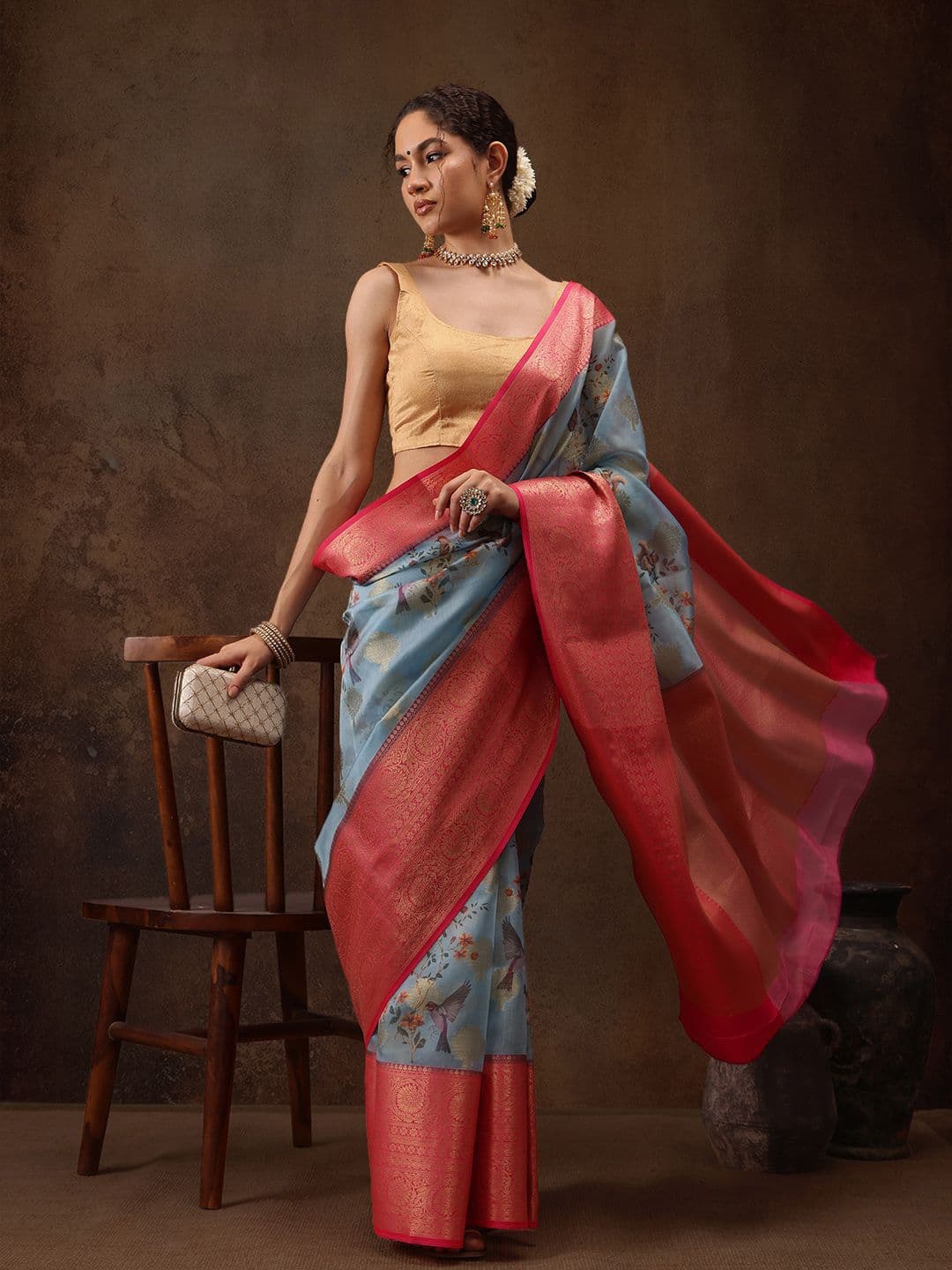 Silk Land Woven Floral Art Silk Chanderi Digital Print Saree - view 1