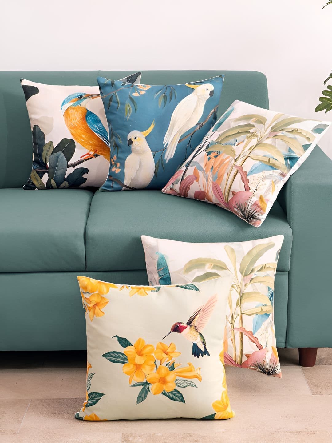 haus & kinder Blue & White 5 Pieces Cotton Floral Square Cushion Covers - view 1