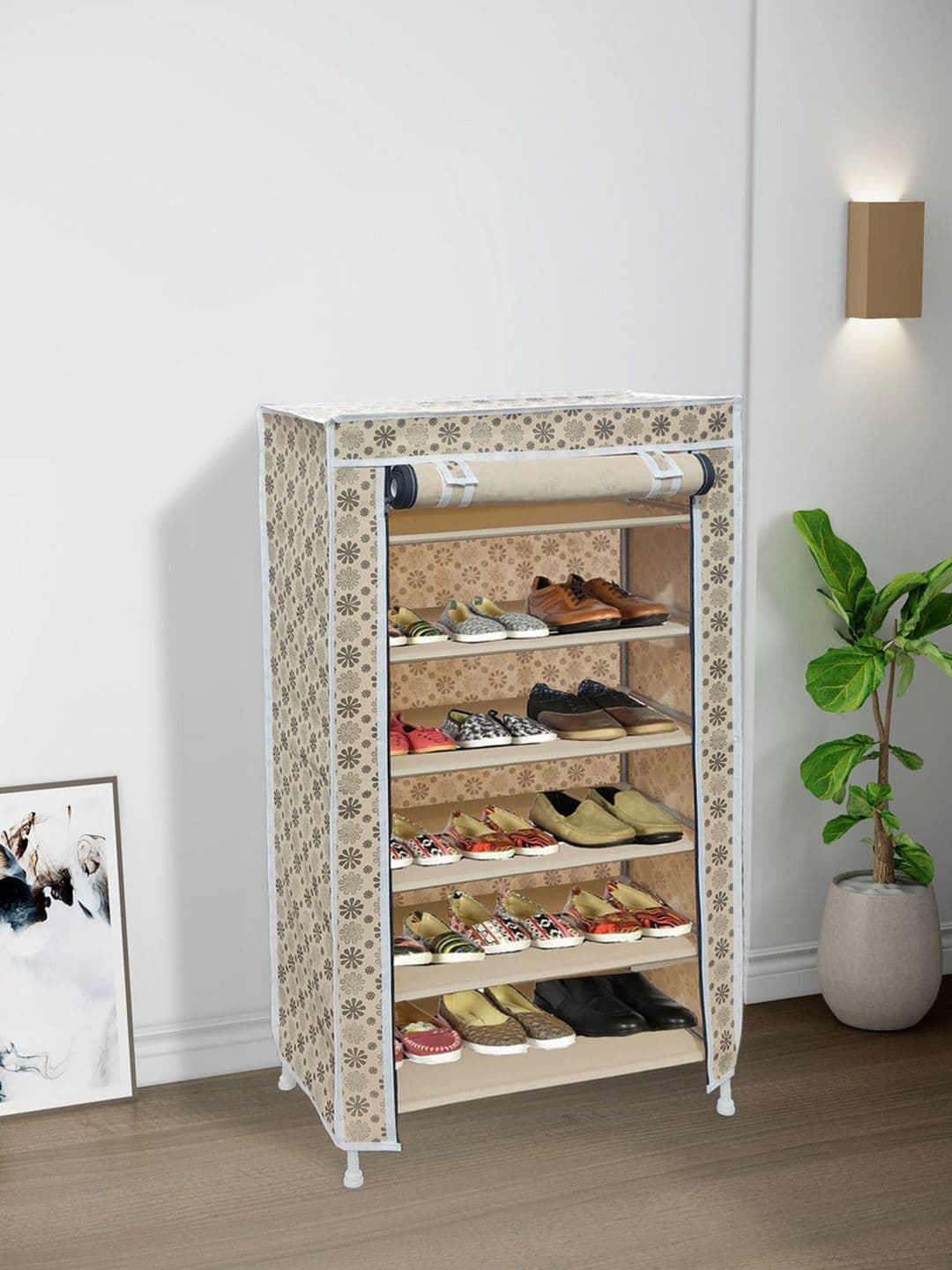Fabura Beige & White Printed 6-Tier Moisture Resistant Rectangle Shoe Rack - view 1