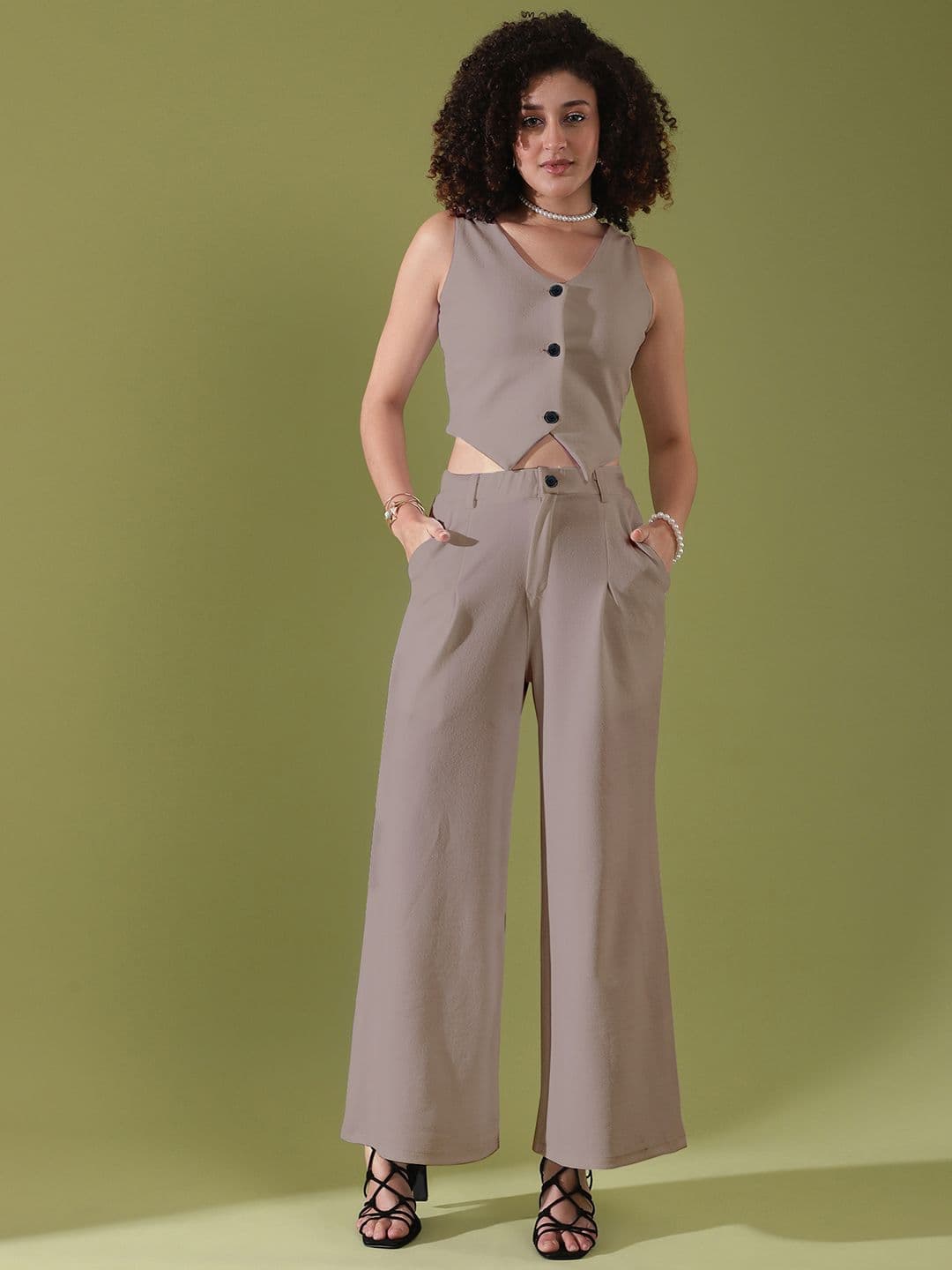 Selvia Dyed V-Neck Sleeveless Crop Top With Trousers Co-Ords - view 1