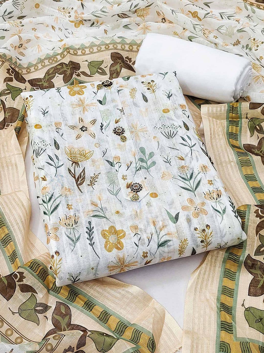 Peachmode Floral Printed Beads Pure Cotton Unstitched Dress Material - view 1
