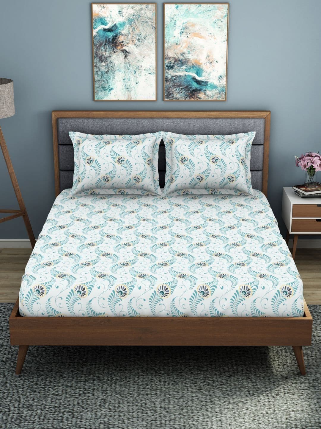 Welspun Blue Floral Polycotton 200 TC King Fine Bedsheet with 2 Pillow Covers-108 x 108 inches - view 1