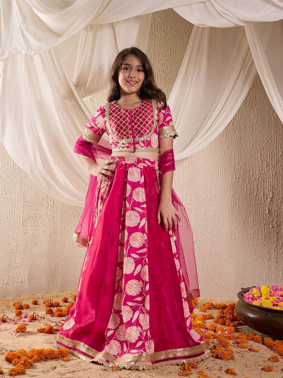 Pspeaches Girls Magenta Floral Taffeta Lehenga Choli Dupatta Set - view 1