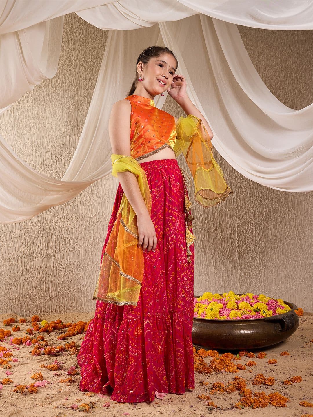 Pspeaches Girls Magenta And Orange Bandhani Silk Lehenga Choli Dupatta Set - view 1