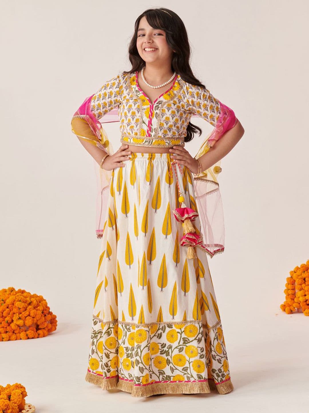 Pspeaches Girls Off White And Yellow Floral Cotton Lehenga Choli Dupatta Set - view 1
