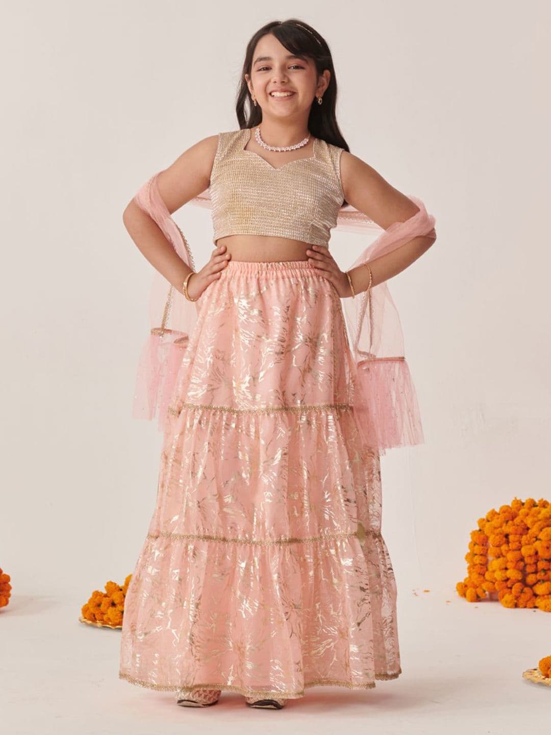 Pspeaches Girls Peach Foil Lurex Circular Lehenga Choli Dupatta Set - view 1