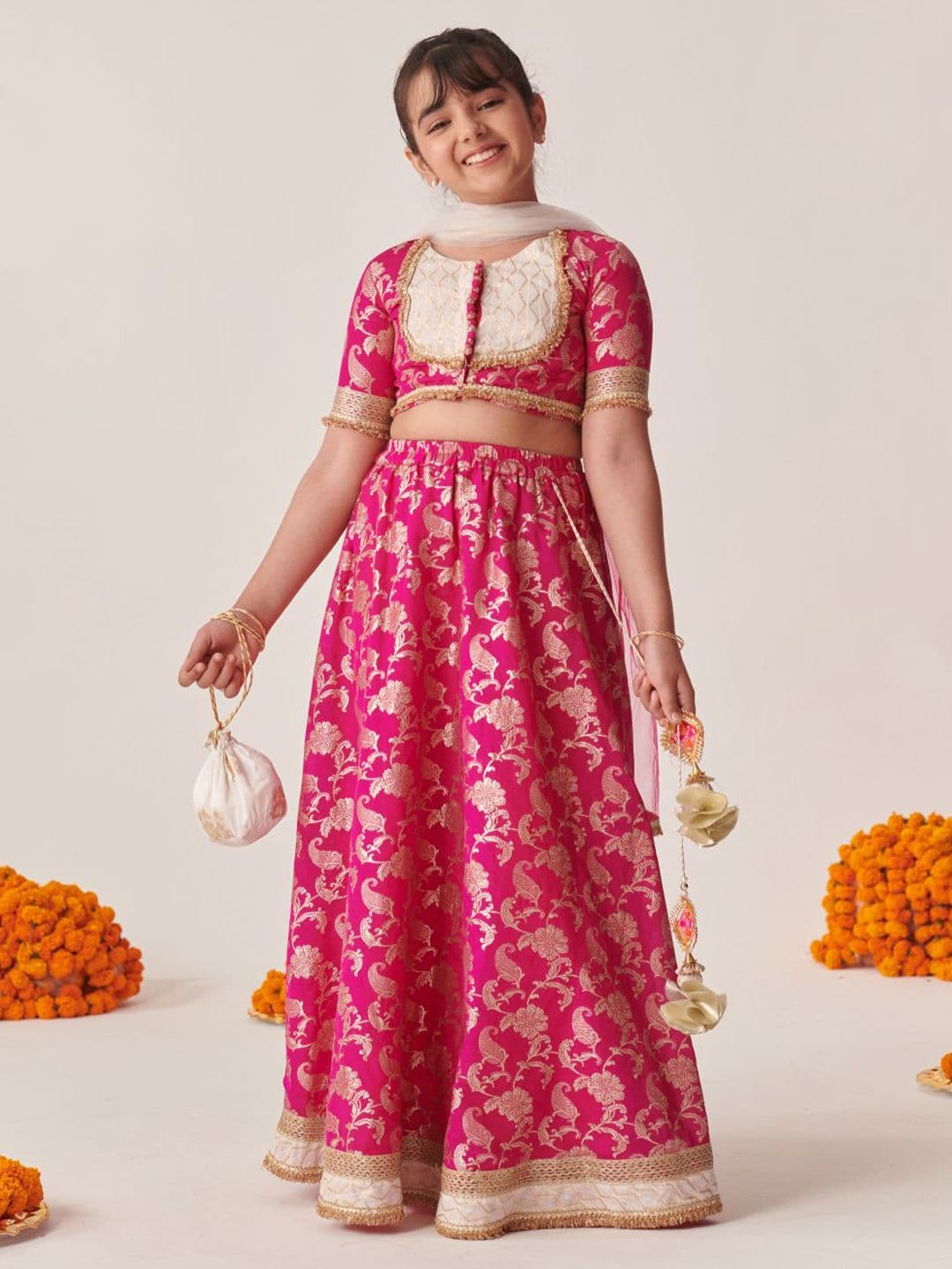 Pspeaches Girls Magenta Zari Brocade Lehenga Choli Dupatta Set - view 1