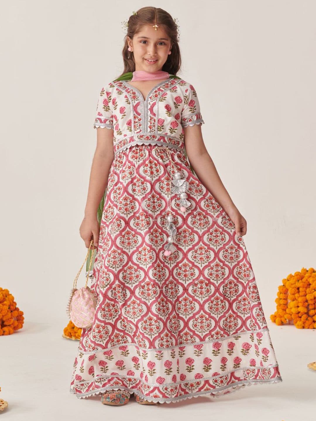 pspeaches Girls Ethnic White Floral Printed Cotton Lehenga Choli Set With Dupatta - view 1