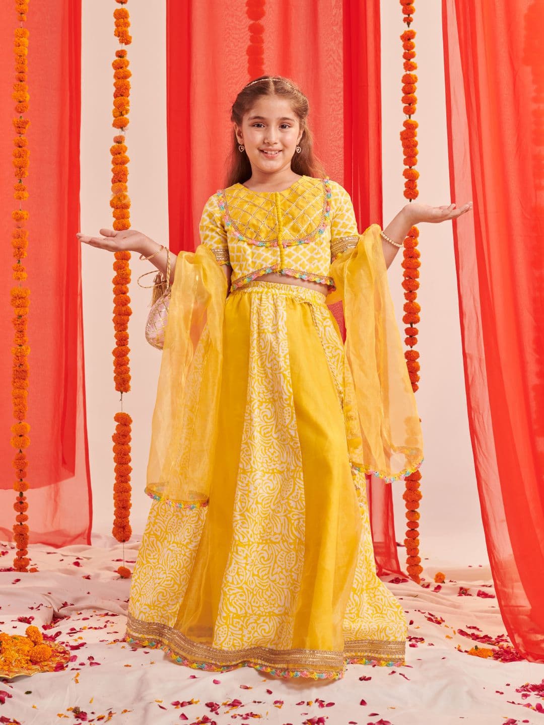 Pspeaches Girls Yellow Cotton Organza Lehenga Choli Dupatta Set - view 1