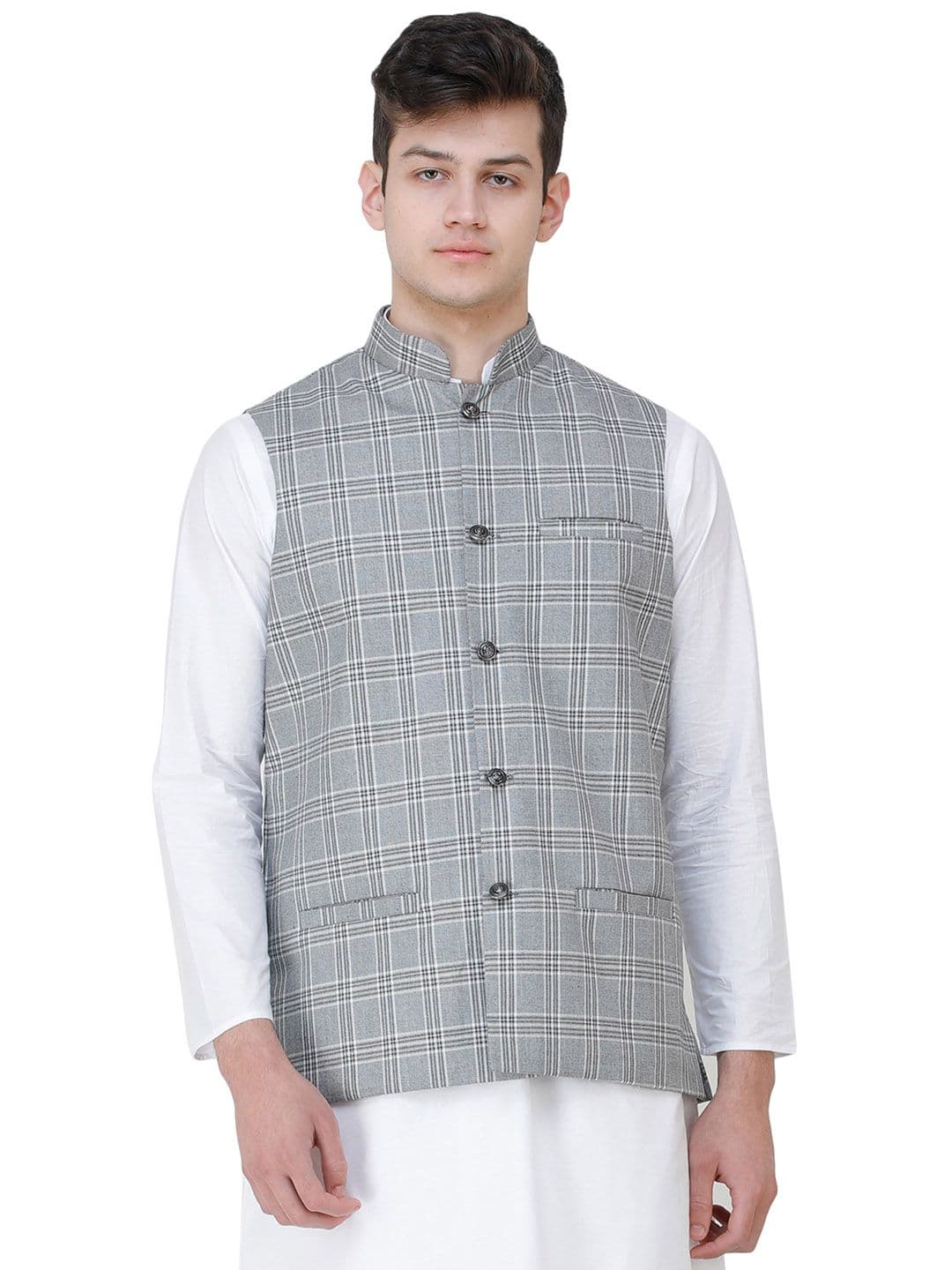 Exotic India Checked Woven Nehru Jackets - view 1