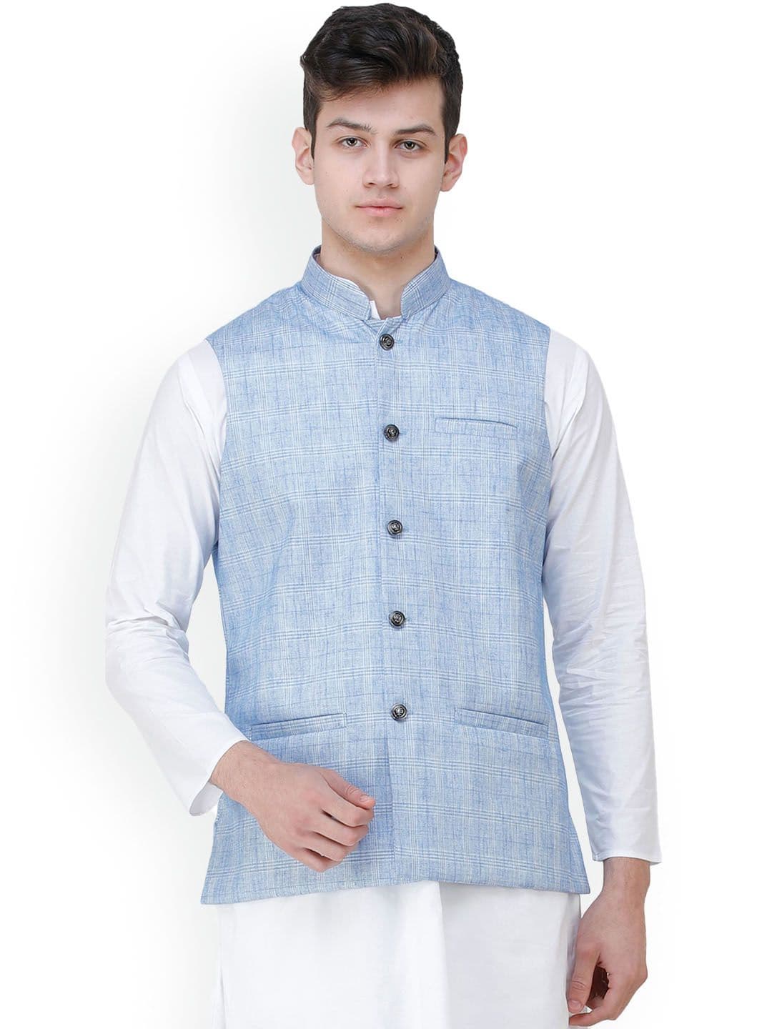 Exotic India Placid Blue Double Check Pattern Nehru Jacket with Front Pockets - view 1