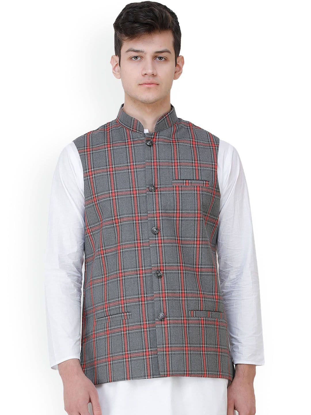 Exotic India Excalibur Double Check Pattern Nehru Jacket with Front Pockets - view 1
