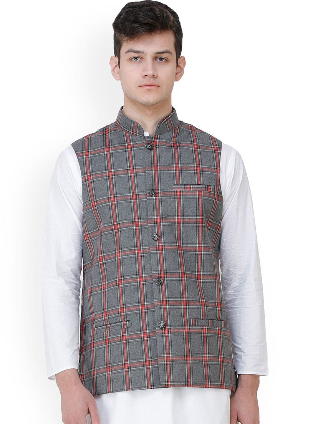 Exotic India Excalibur Double Check Pattern Nehru Jacket with Front Pockets - view 1