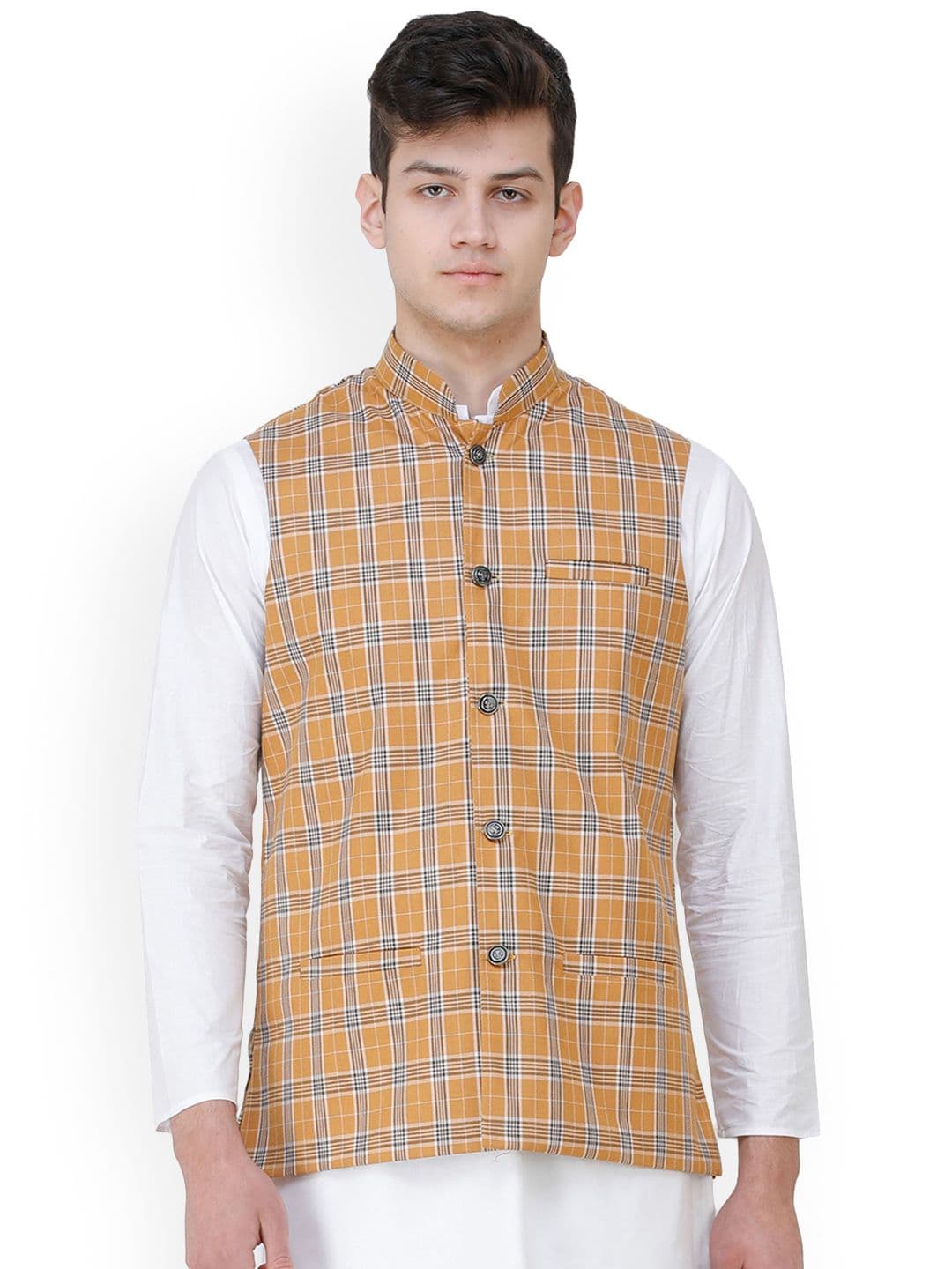 Exotic India Apple Cinnamon Double Check Pattern Nehru Jacket with Front Pockets - view 1