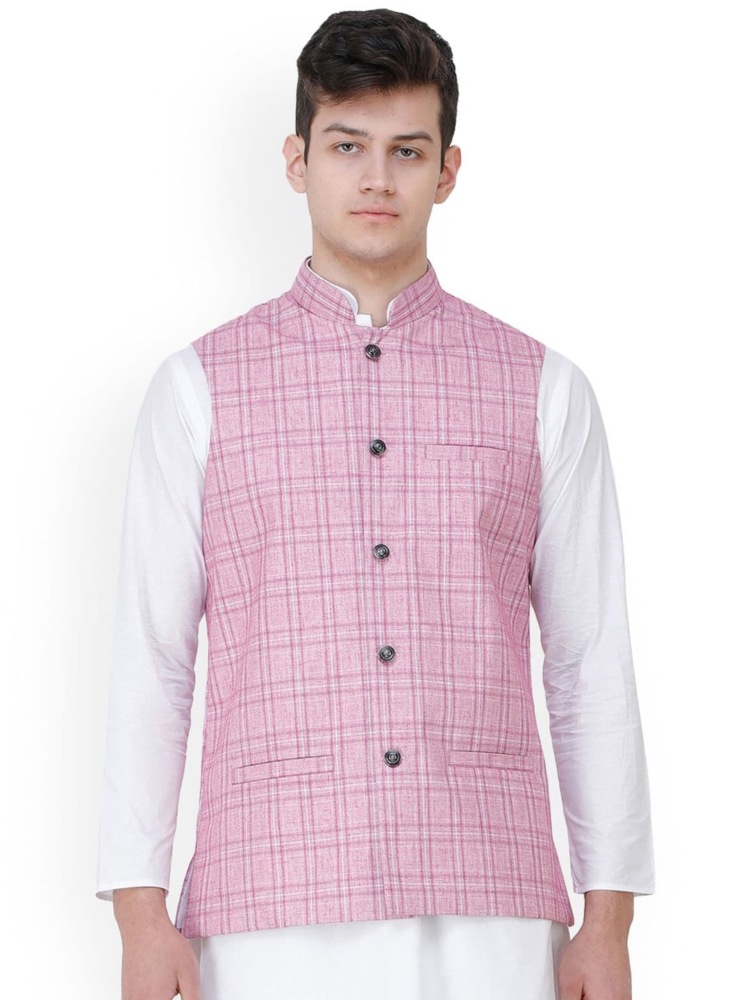 Exotic India Pastel Lavender Double Check Pattern Nehru Jacket with Front Pockets - view 1
