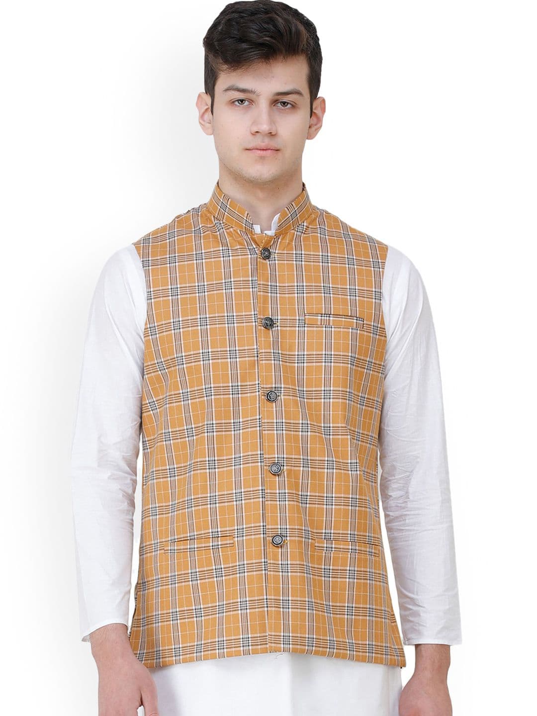 Exotic India Double Check Pattern Nehru Jacket with Front Pockets - view 1