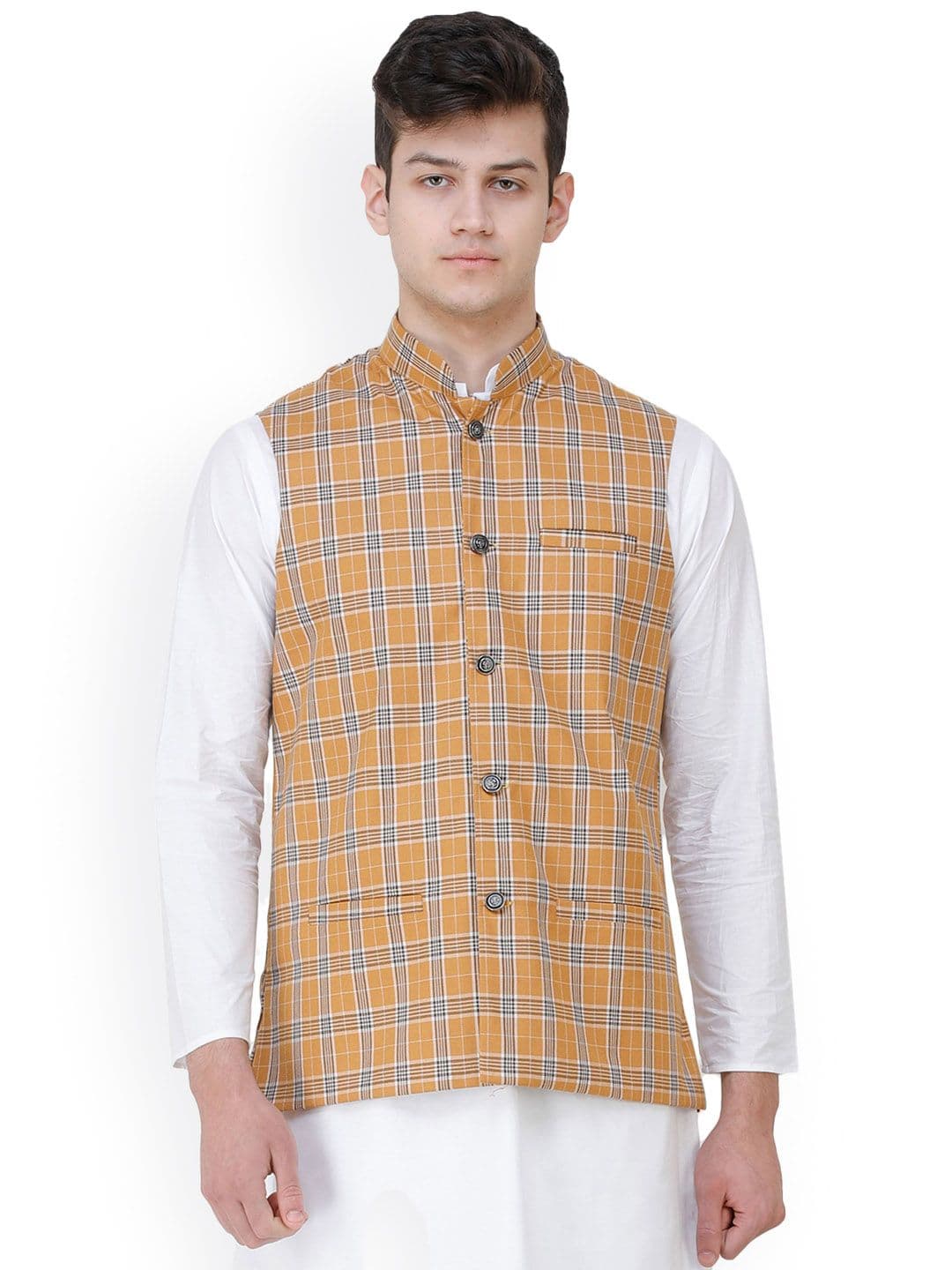 Exotic India Double Checked Woven Nehru Jacket with Front Pockets - view 1