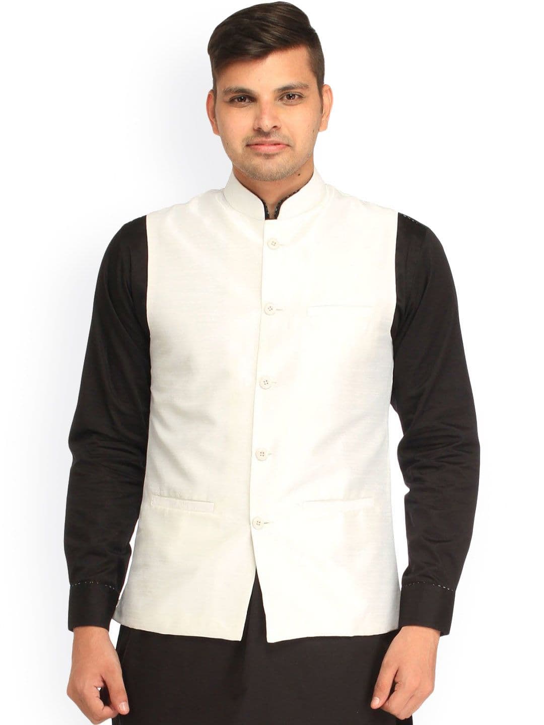 Exotic India Egret White Art Silk Plain Wedding Waistcoat with Front Pockets - view 1