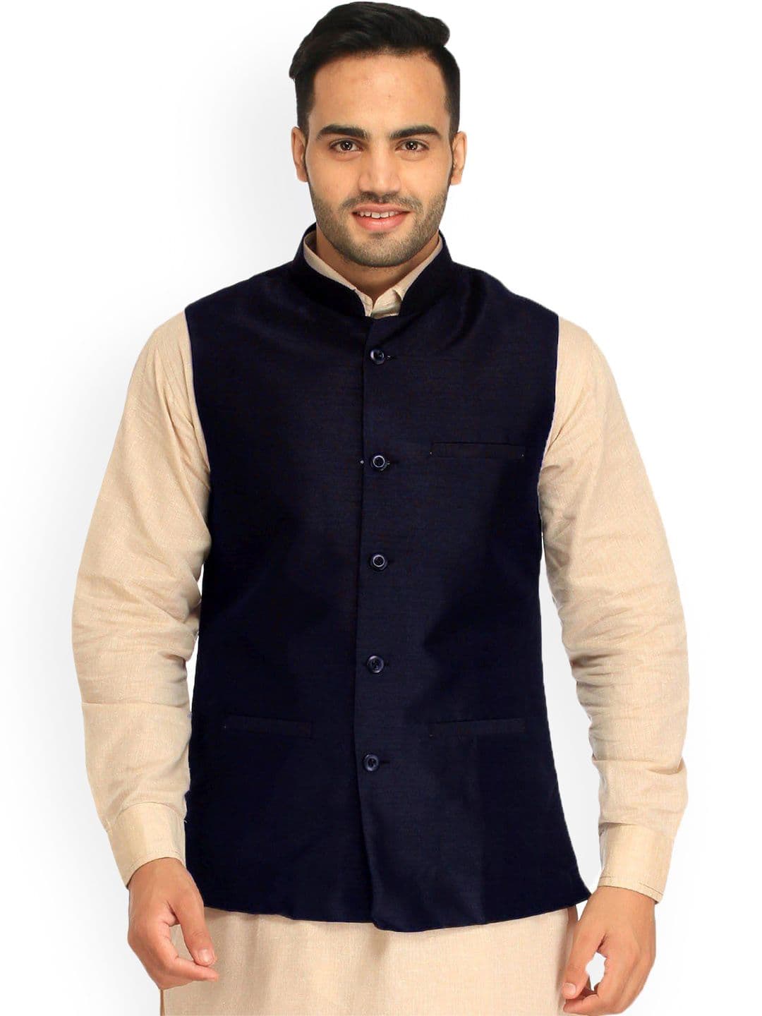 Exotic India Art Silk Deep Blue Plain Wedding Waistcoat with Front Pockets - view 1