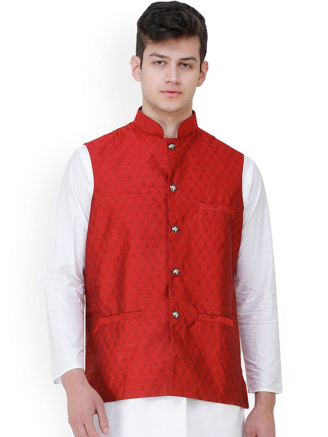 Exotic India Rio Red Wedding Waistcoat with Jacquard Woven Bootis and Front Pockets - view 1