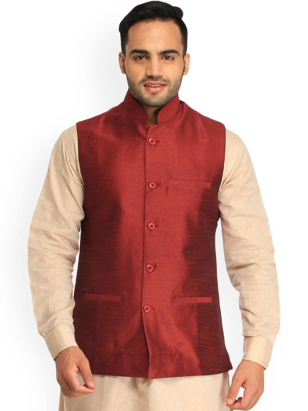 Exotic India Art Silk Brick Red Plain Wedding Waistcoat with Front Pockets - view 1