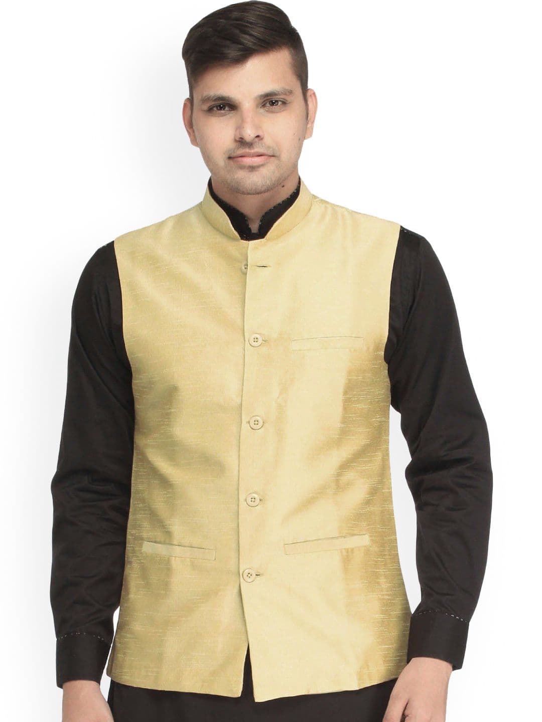 Exotic India Champagne Beige Art Silk Plain Wedding Waistcoat with Front Pockets - view 1