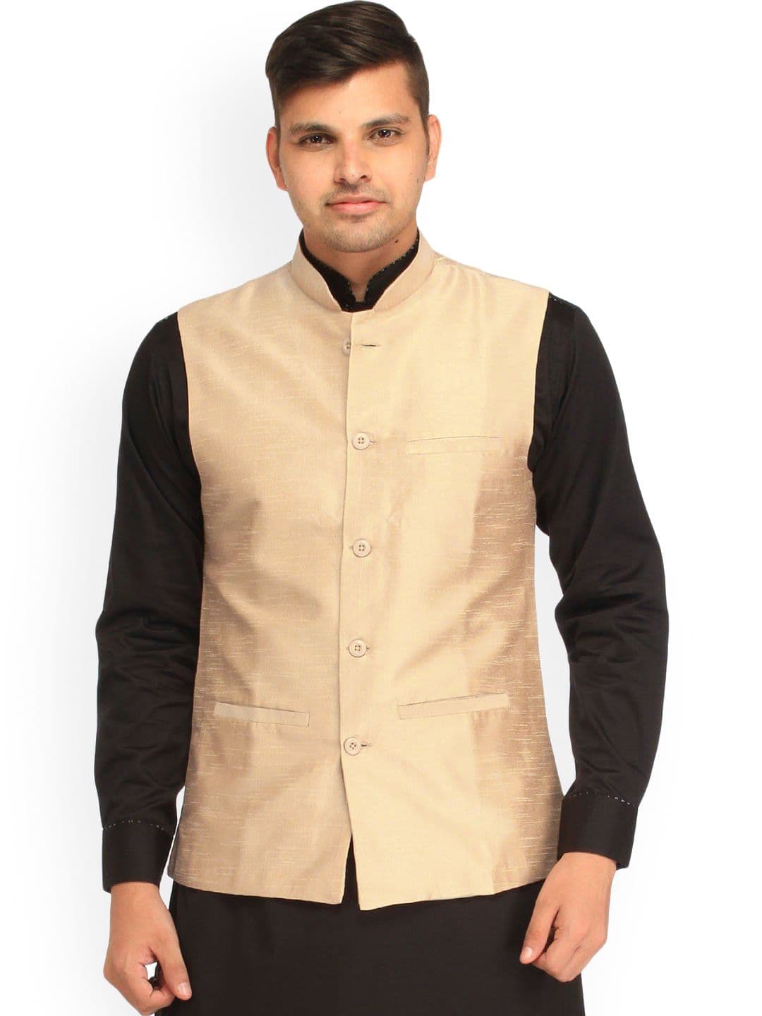 Exotic India Art Silk Mellow Buff Plain Wedding Waistcoat with Front Pockets - view 1