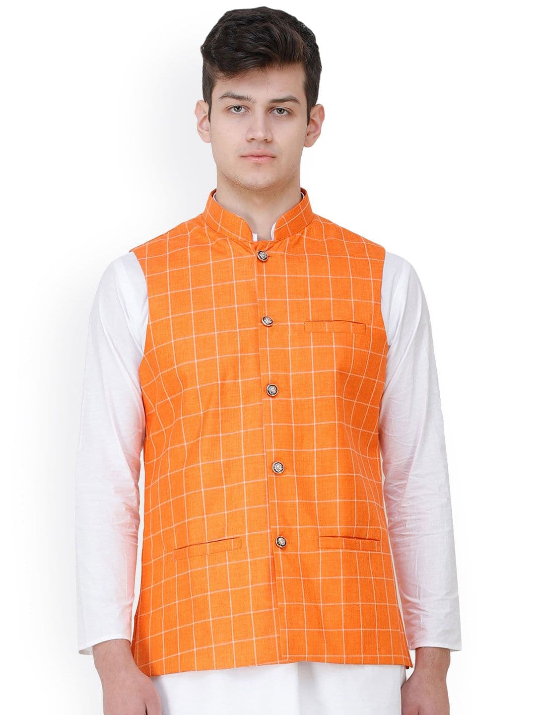 Exotic India Orange Peel Single Check Woven Jute Waistcoat with Front Pockets - view 1