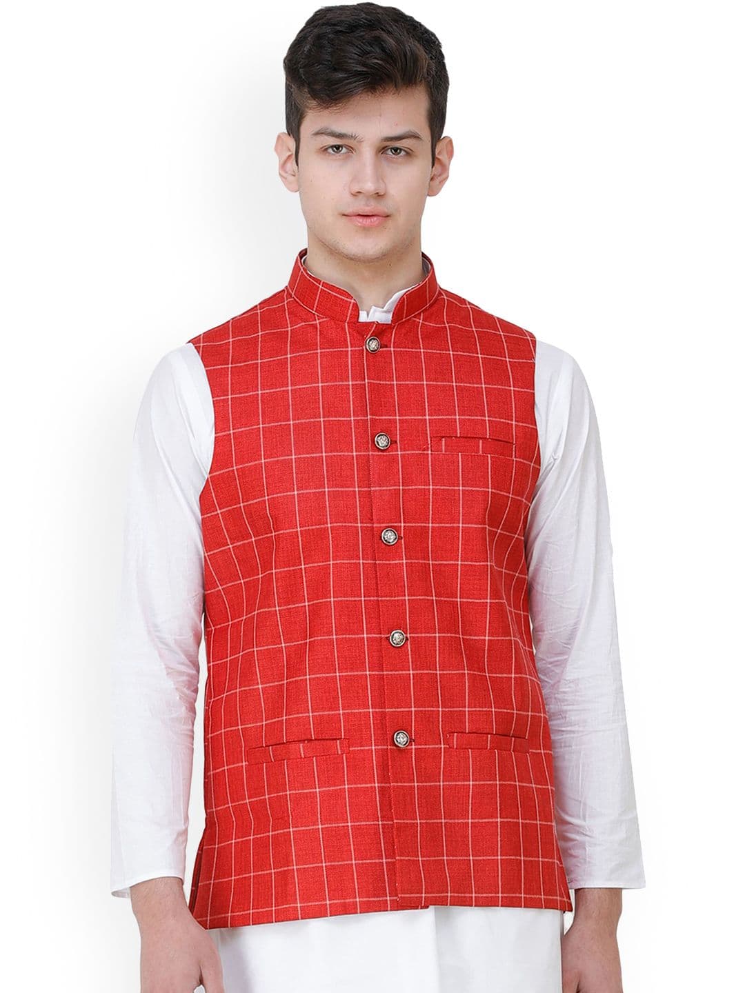 Exotic India Single Check Tango Red Woven Jute Waistcoat with Front Pockets - view 1