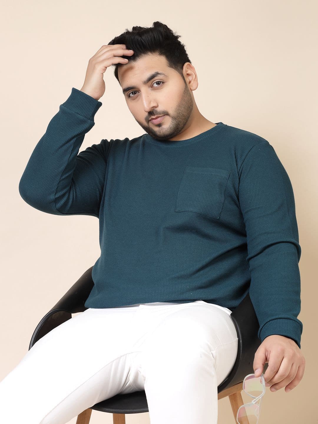 Rigo Men Plus Size Teal Blue Solid Knit Round Neck T-shirt - view 1