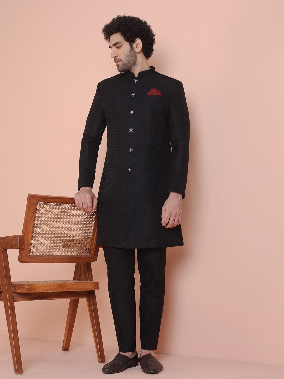 KISAH Men Self-Design Mandarin Collar Indowestern Sherwani Set - view 1