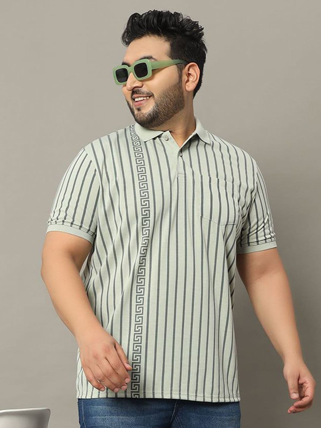 OGEN Men Striped Polo Collar Plus Size T-shirt - view 1