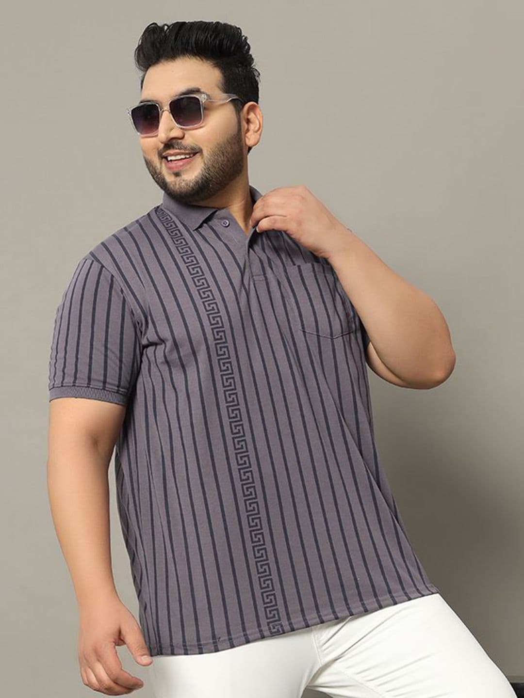 OGEN Men Striped Polo Collar Plus Size T-shirt - view 1