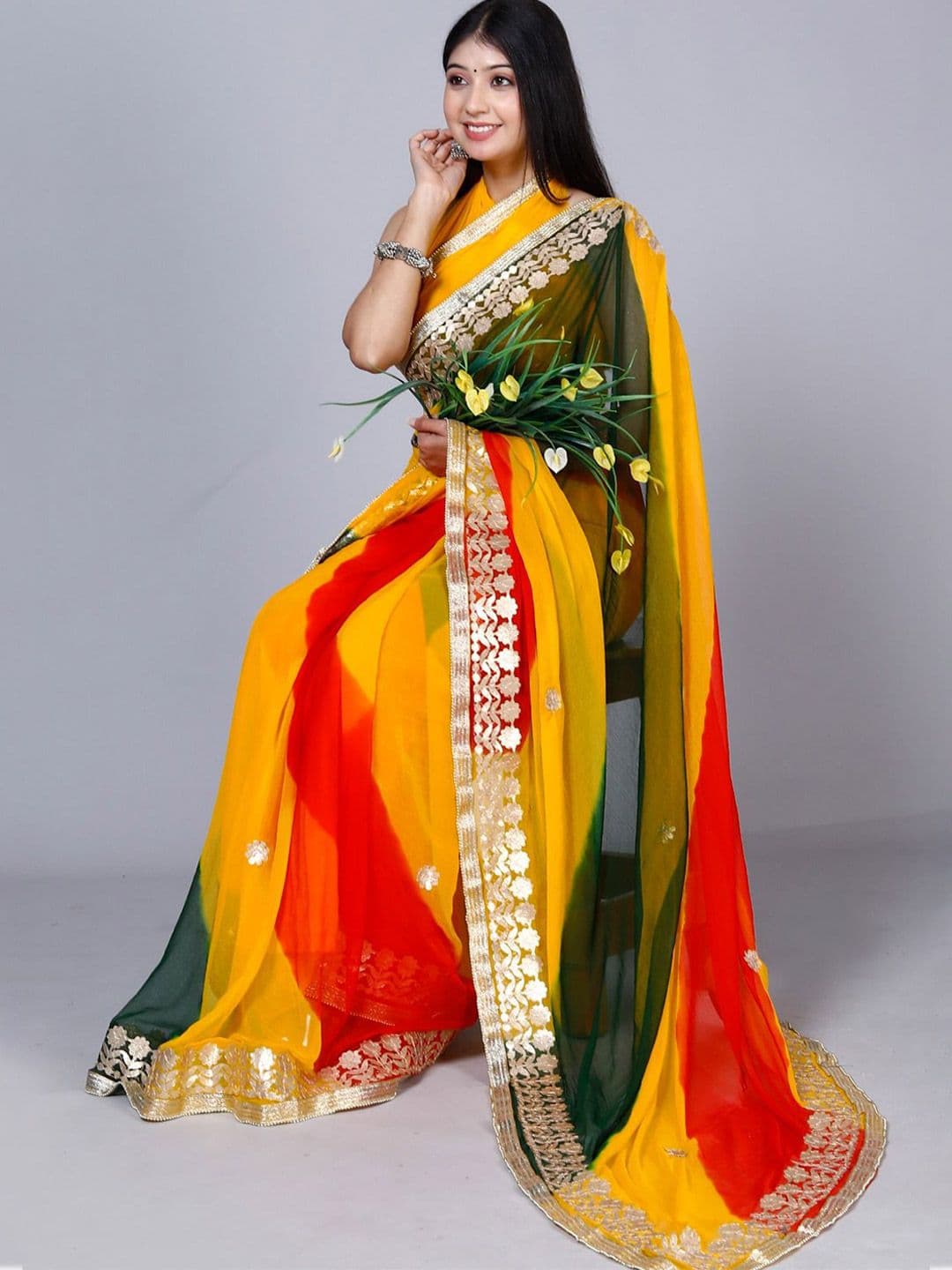 VL SAREES Colourblocked Gotta Patti Pure Chiffon Saree - view 1