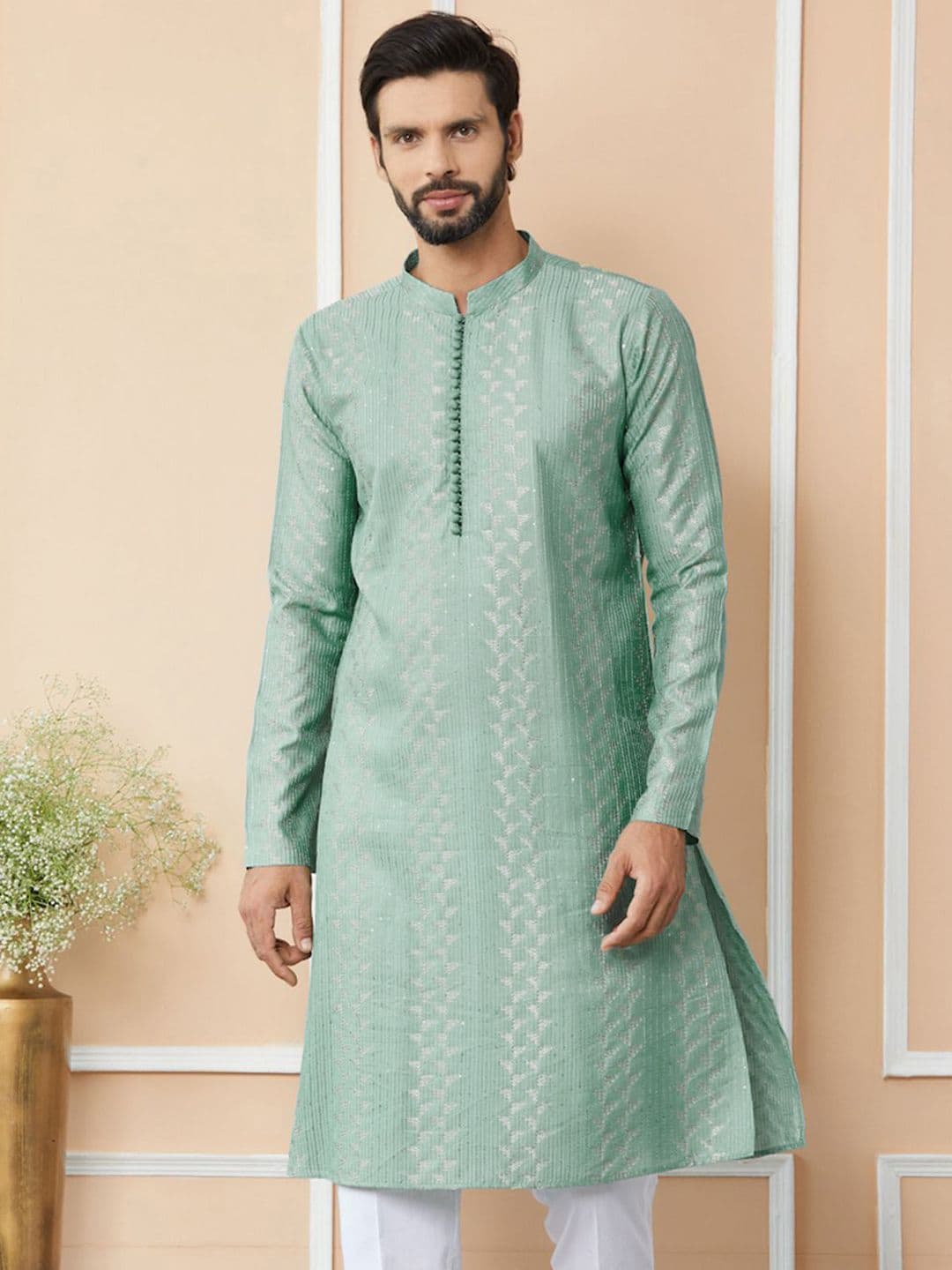 See Designs Mandarin Collar Ethnic Motifs Thread Work Chanderi Silk Kurta - view 1