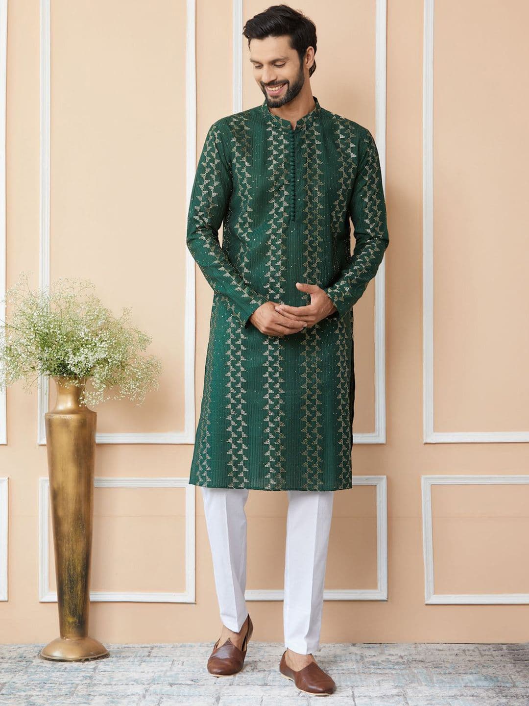 See Designs Mandarin Collar Ethnic Motifs Printed Thread Work Chanderi Silk Kurta - view 1