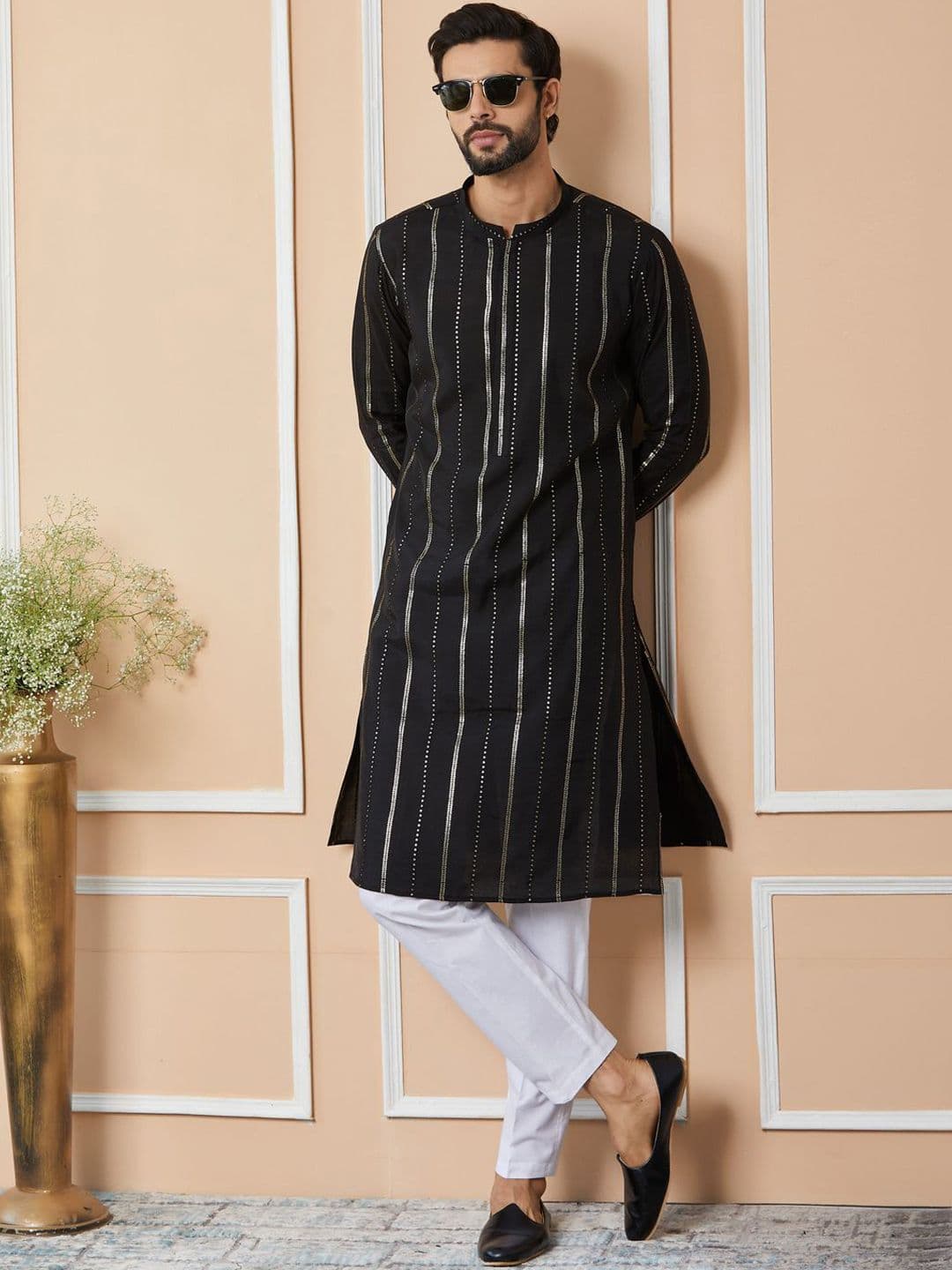 See Designs Striped Mandarin Collar Thread Work Chanderi Silk Kurta - view 1