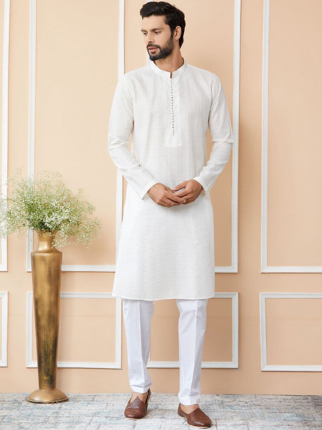 See Designs Striped Mandarin Collar Thread Work Chanderi Silk Straight Kurta - view 1