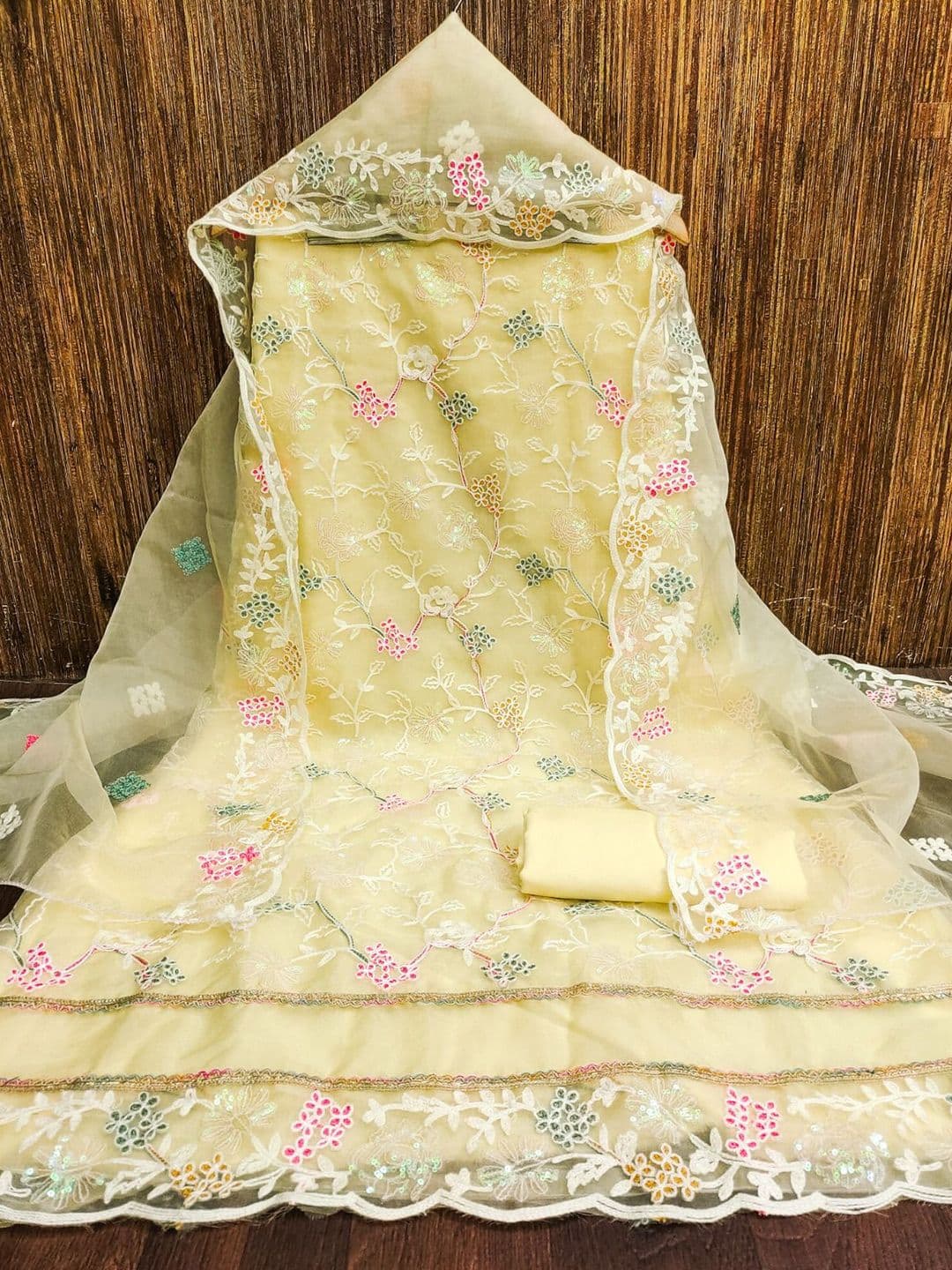 LeeliPeeri Designer Floral Embroidered Organza Unstitched Dress Material - view 1