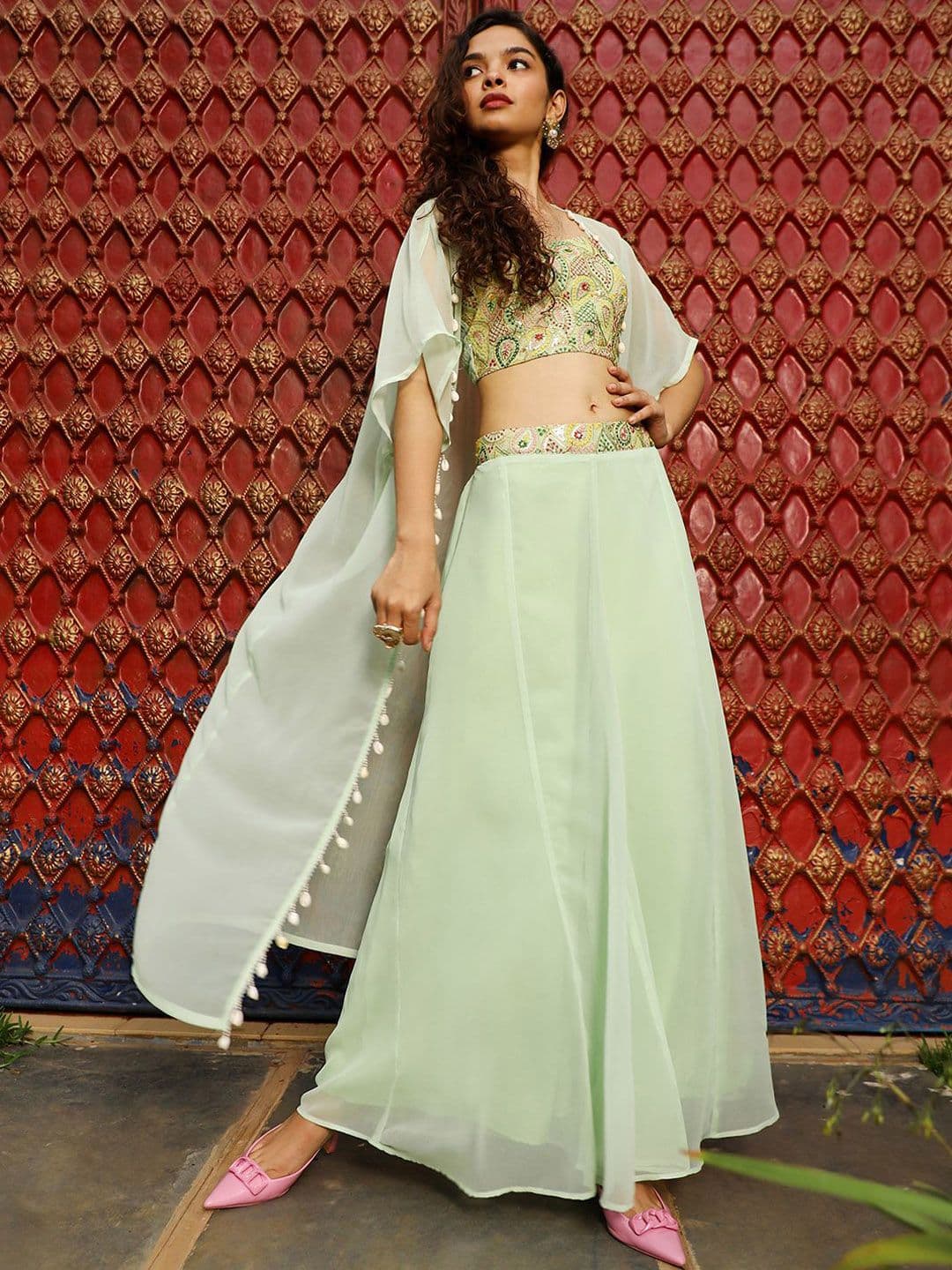 QISSA Embroidered Top With Palazzo & Shrug - view 1
