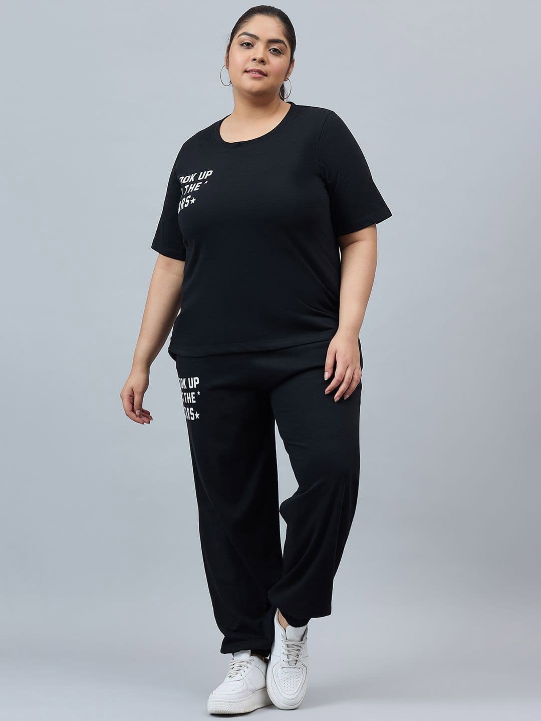 AUSTIVO Plus Size Typography Printed Round Neck Short Sleeves T-Shirt With Joggers - view 1