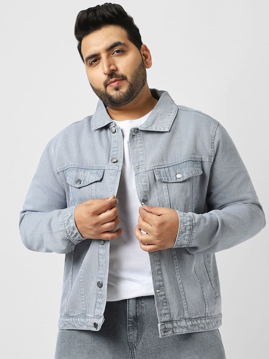 Urbano Plus Men's Light Grey Regular Fit Washed Full Sleeve Denim Jacket - view 1