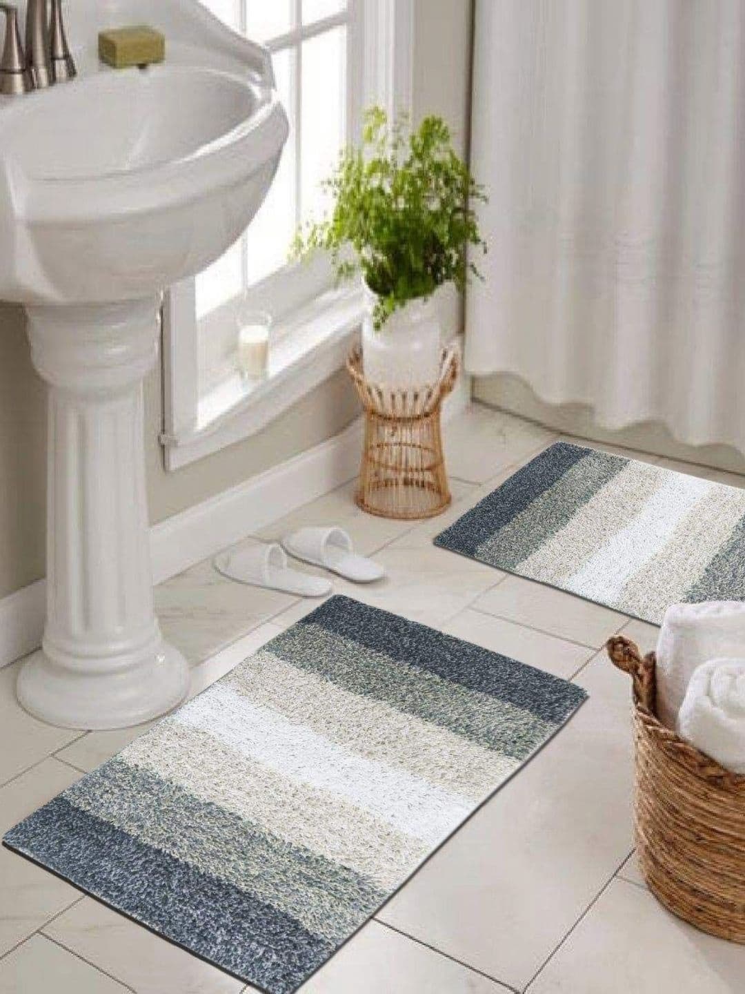 THE HOME TALK Grey and White 2 Pieces Colourblocked Cotton Anti Skid Bath Rugs - view 1
