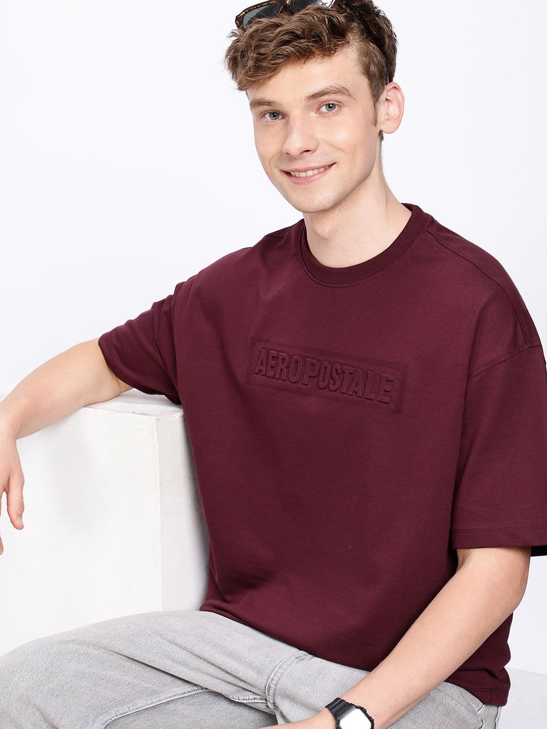 Aeropostale Brand Logo Embossed Drop-Shoulder Sleeves Relaxed Fit T-shirt - view 1
